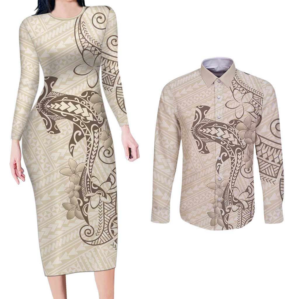 Beige Hawaii Couples Matching Long Sleeve Bodycon Dress and Long Sleeve Button Shirt Hammerhead Shark Tattoo Curve Polynesian - Polynesian Pride