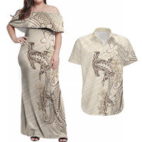 Beige Hawaii Couples Matching Off Shoulder Maxi Dress and Hawaiian Shirt Hammerhead Shark Tattoo Curve Polynesian - Polynesian Pride