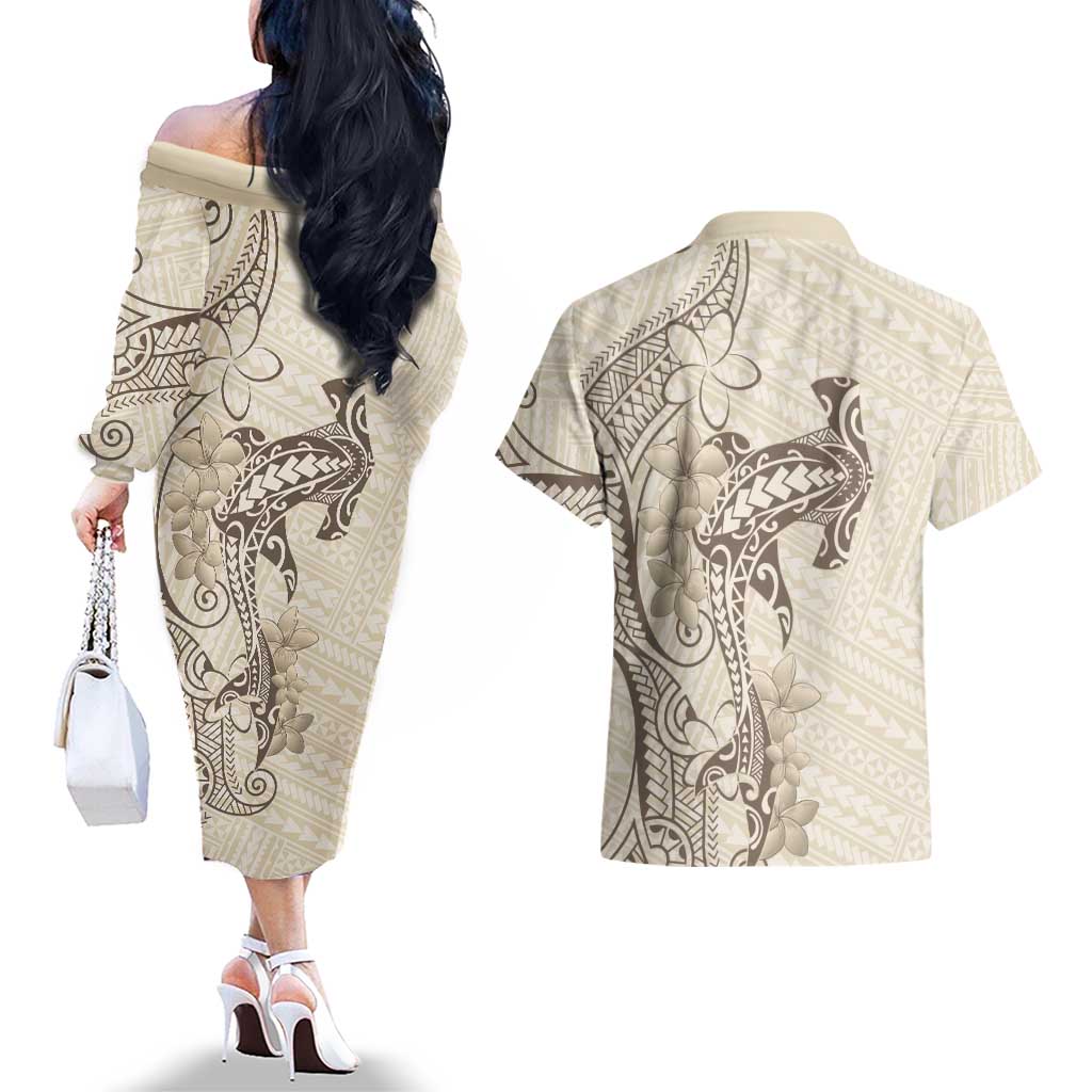 Beige Hawaii Couples Matching Off The Shoulder Long Sleeve Dress and Hawaiian Shirt Hammerhead Shark Tattoo Curve Polynesian - Polynesian Pride