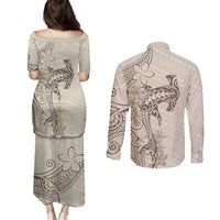 Beige Hawaii Couples Matching Puletasi and Long Sleeve Button Shirt Hammerhead Shark Tattoo Curve Polynesian - Polynesian Pride