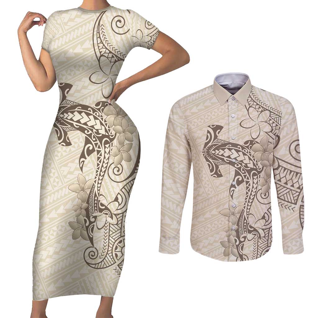 Beige Hawaii Couples Matching Short Sleeve Bodycon Dress and Long Sleeve Button Shirt Hammerhead Shark Tattoo Curve Polynesian - Polynesian Pride