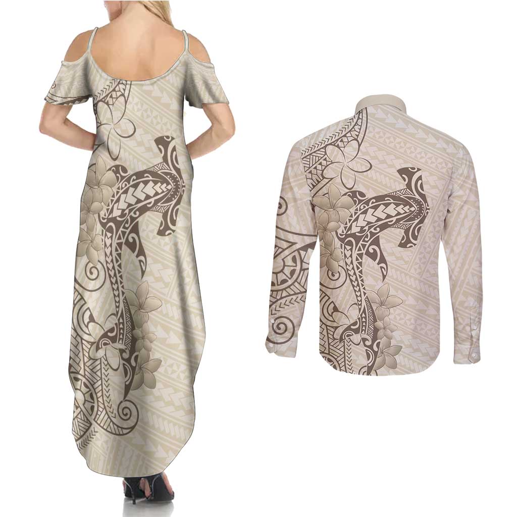 Beige Hawaii Couples Matching Summer Maxi Dress and Long Sleeve Button Shirt Hammerhead Shark Tattoo Curve Polynesian - Polynesian Pride