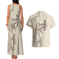 Beige Hawaii Couples Matching Tank Maxi Dress and Hawaiian Shirt Hammerhead Shark Tattoo Curve Polynesian - Polynesian Pride