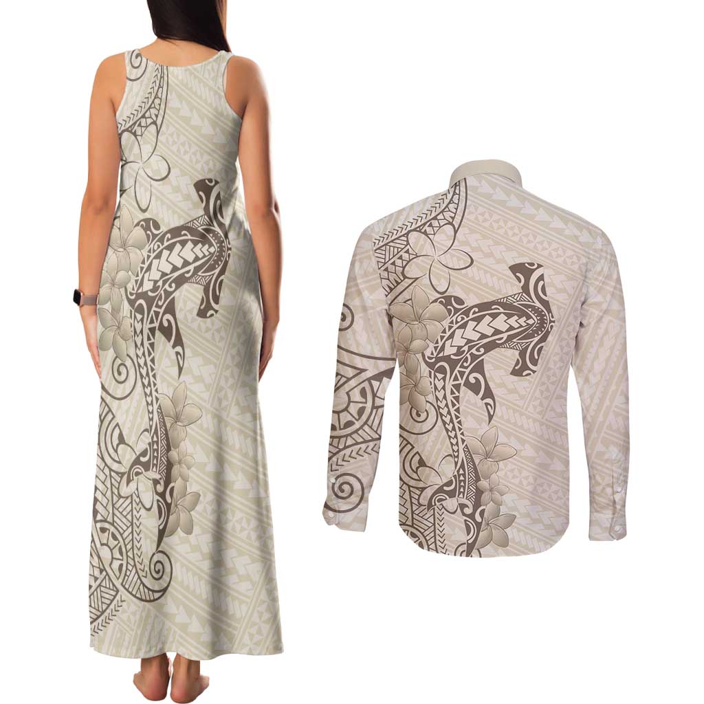 Beige Hawaii Couples Matching Tank Maxi Dress and Long Sleeve Button Shirt Hammerhead Shark Tattoo Curve Polynesian - Polynesian Pride