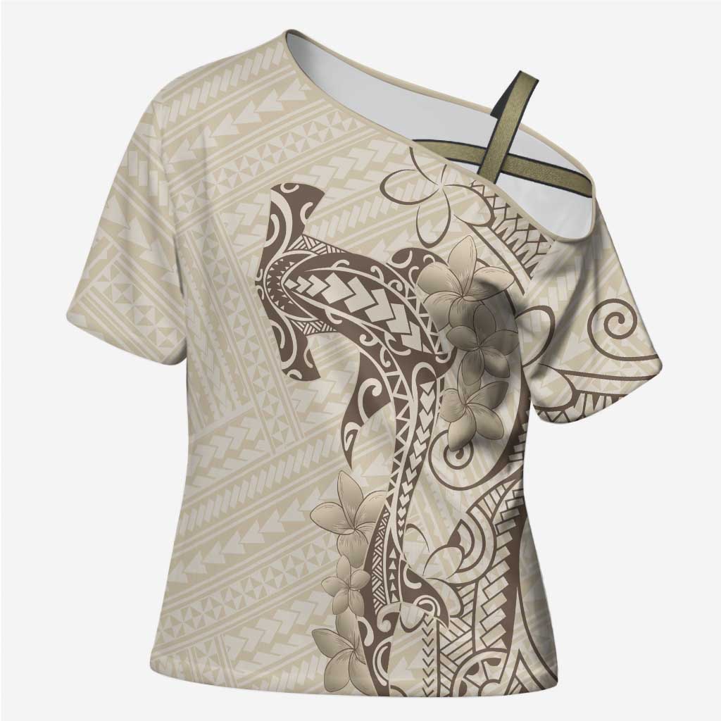Beige Hawaii Cross Shoulder Shirt Hammerhead Shark Tattoo Curve Polynesian - Polynesian Pride