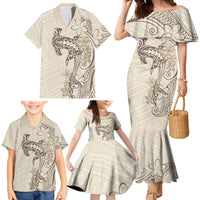 Beige Hawaii Family Matching Mermaid Dress and Hawaiian Shirt Hammerhead Shark Tattoo Curve Polynesian LT14 - Polynesian Pride