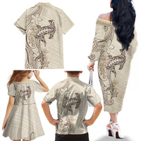 Beige Hawaii Family Matching Off The Shoulder Long Sleeve Dress and Hawaiian Shirt Hammerhead Shark Tattoo Curve Polynesian - Polynesian Pride