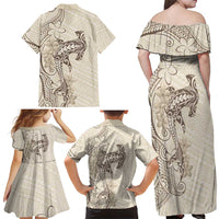 Beige Hawaii Family Matching Off Shoulder Maxi Dress and Hawaiian Shirt Hammerhead Shark Tattoo Curve Polynesian - Polynesian Pride