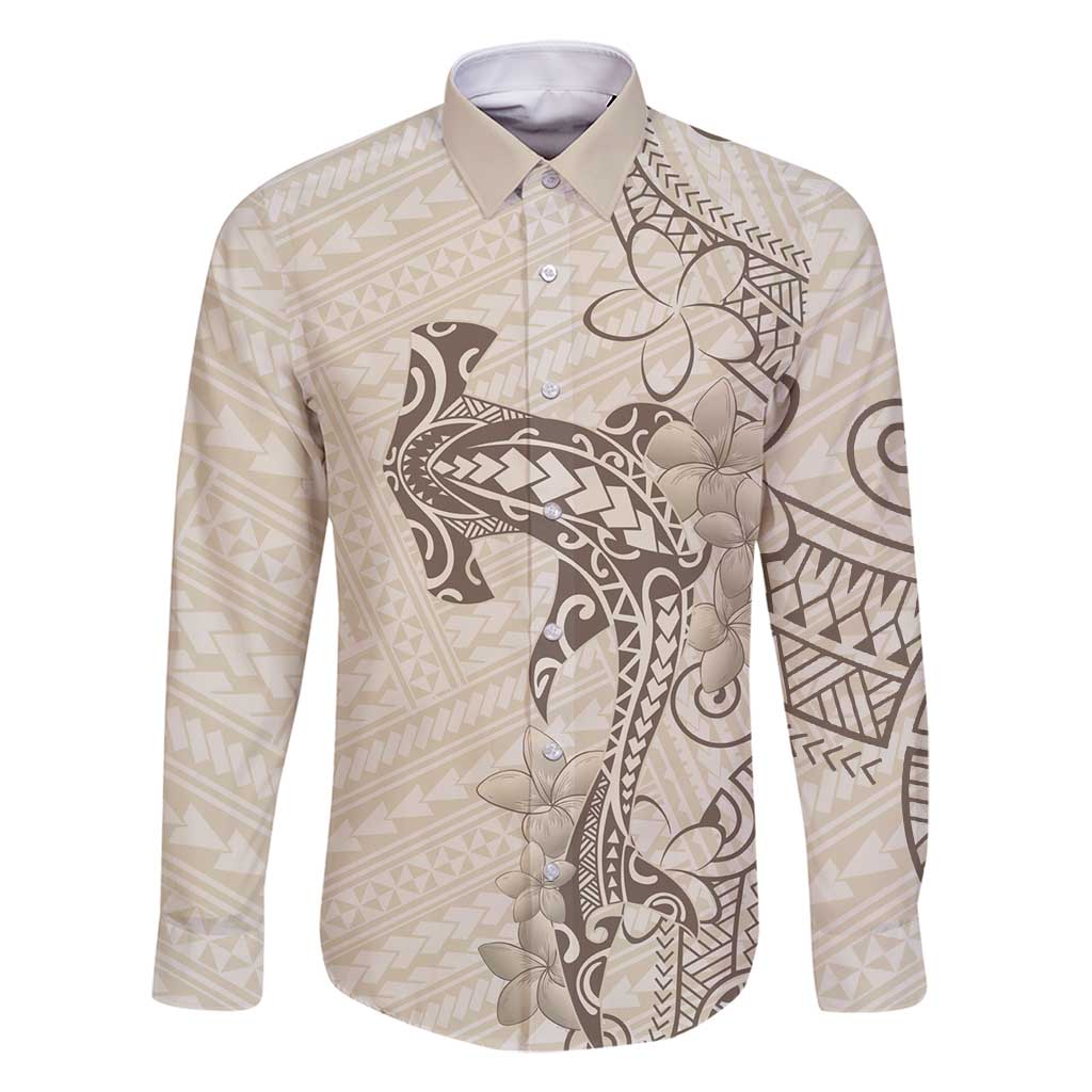 Beige Hawaii Family Matching Off Shoulder Short Dress and Hawaiian Shirt Hammerhead Shark Tattoo Curve Polynesian - Polynesian Pride