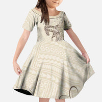 Beige Hawaii Family Matching Short Sleeve Bodycon Dress and Hawaiian Shirt Hammerhead Shark Tattoo Curve Polynesian LT14 Daughter's Dress Beige - Polynesian Pride