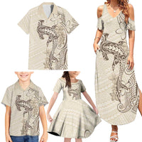 Beige Hawaii Family Matching Summer Maxi Dress and Hawaiian Shirt Hammerhead Shark Tattoo Curve Polynesian - Polynesian Pride