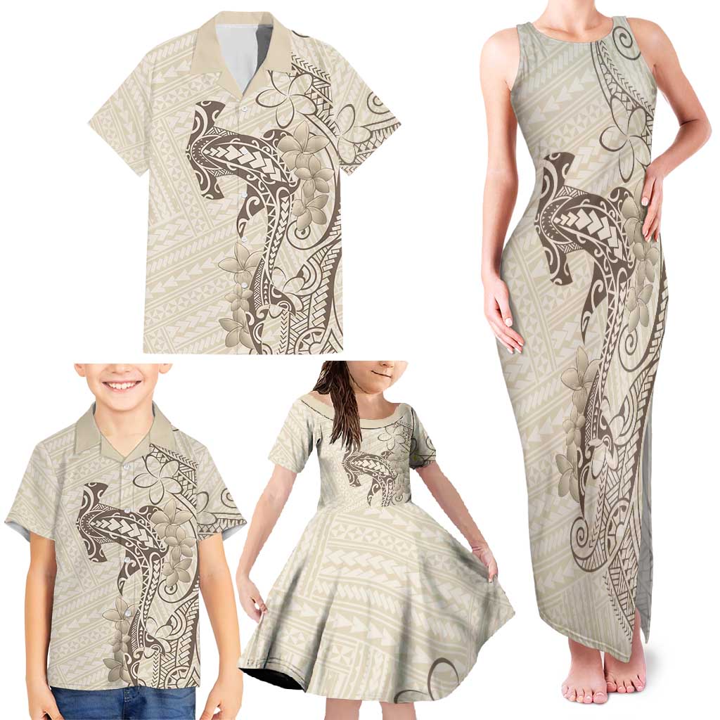 Beige Hawaii Family Matching Tank Maxi Dress and Hawaiian Shirt Hammerhead Shark Tattoo Curve Polynesian - Polynesian Pride