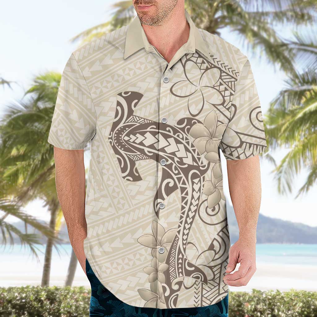 Beige Hawaii Hawaiian Shirt Hammerhead Shark Tattoo Curve Polynesian - Polynesian Pride