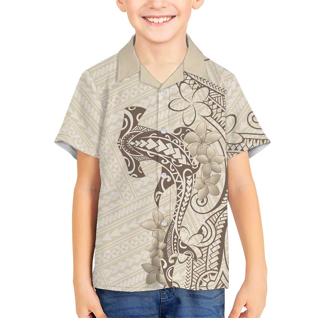 Beige Hawaii Kid Hawaiian Shirt Hammerhead Shark Tattoo Curve Polynesian - Polynesian Pride