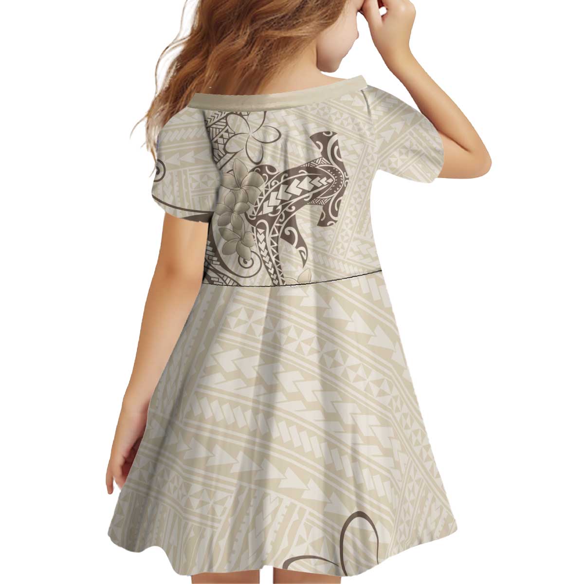 Beige Hawaii Kid Short Sleeve Dress Hammerhead Shark Tattoo Curve Polynesian - Polynesian Pride