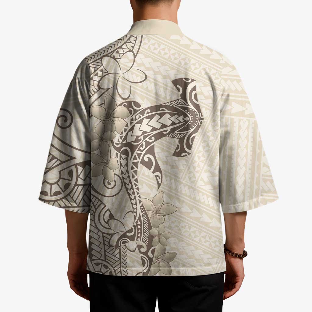 Beige Hawaii Kimono Hammerhead Shark Tattoo Curve Polynesian - Polynesian Pride