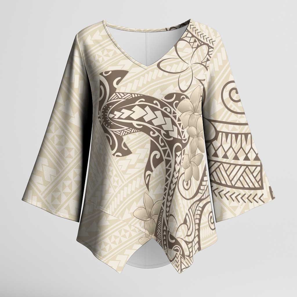 Beige Hawaii Kimono Sleeve Blouse Hammerhead Shark Tattoo Curve Polynesian - Polynesian Pride