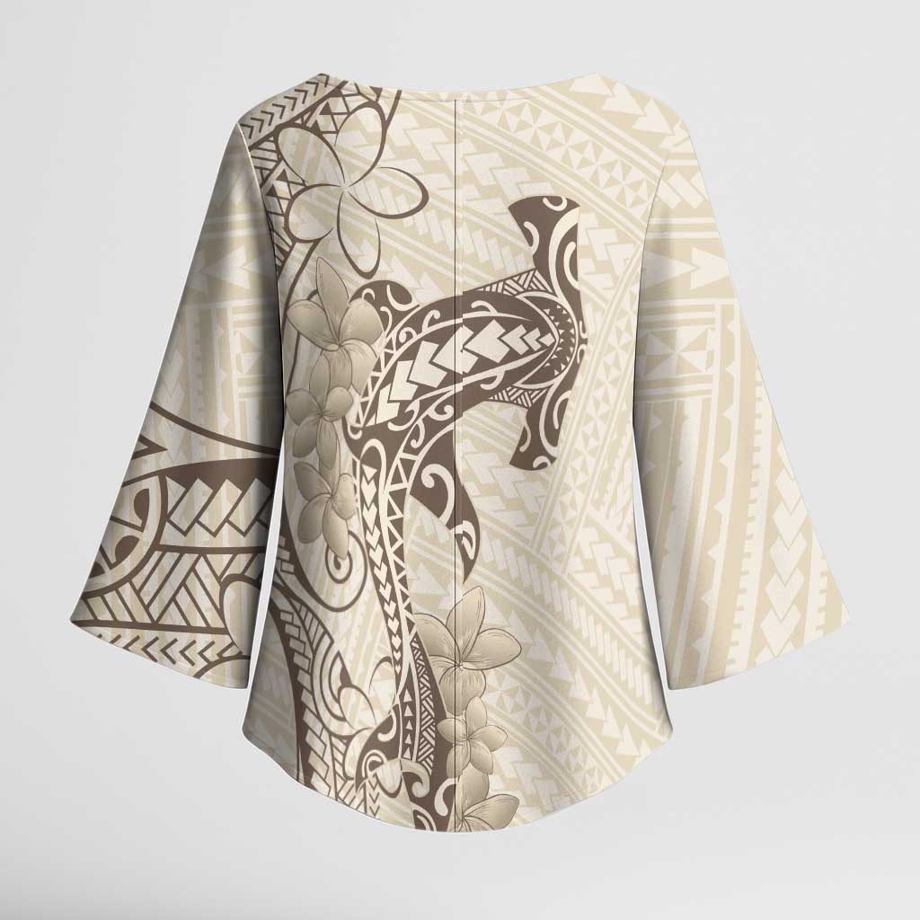 Beige Hawaii Kimono Sleeve Blouse Hammerhead Shark Tattoo Curve Polynesian - Polynesian Pride