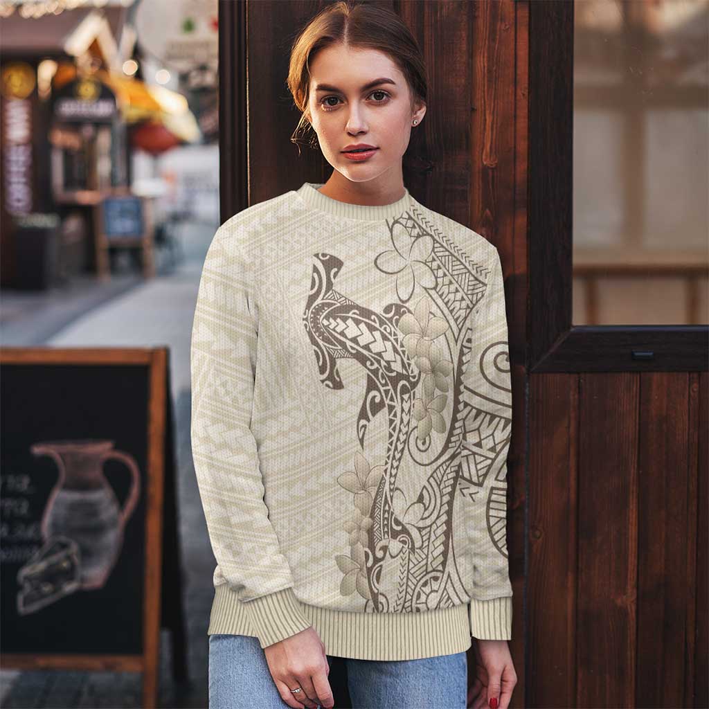 Beige Hawaii Ugly Christmas Sweater Hammerhead Shark Tattoo Curve Polynesian - Polynesian Pride