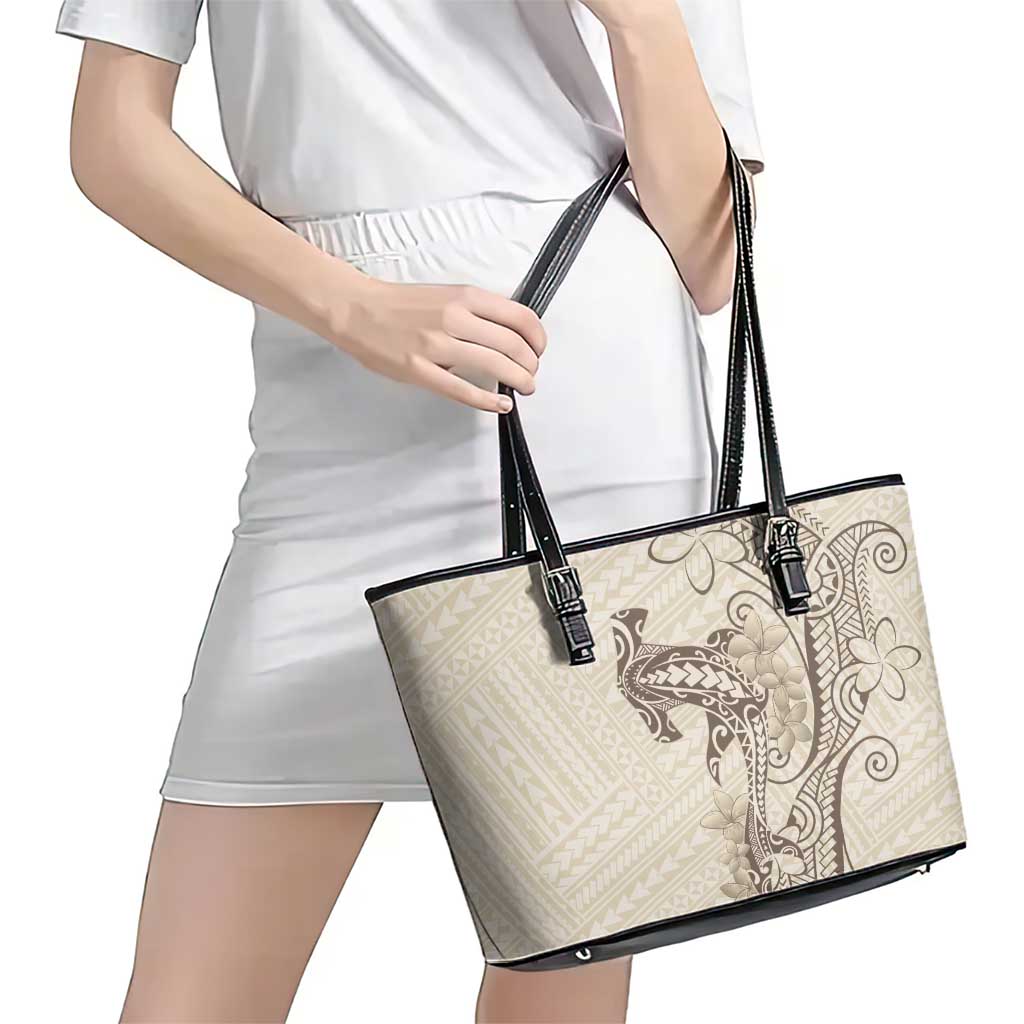 Beige Hawaii Leather Tote Bag Hammerhead Shark Tattoo Curve Polynesian - Polynesian Pride
