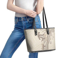 Beige Hawaii Leather Tote Bag Hammerhead Shark Tattoo Curve Polynesian - Polynesian Pride