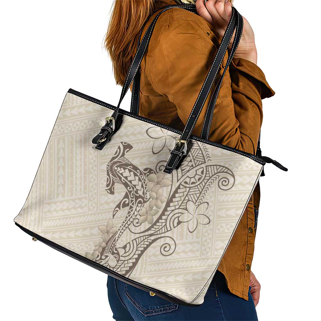 Beige Hawaii Leather Tote Bag Hammerhead Shark Tattoo Curve Polynesian - Polynesian Pride