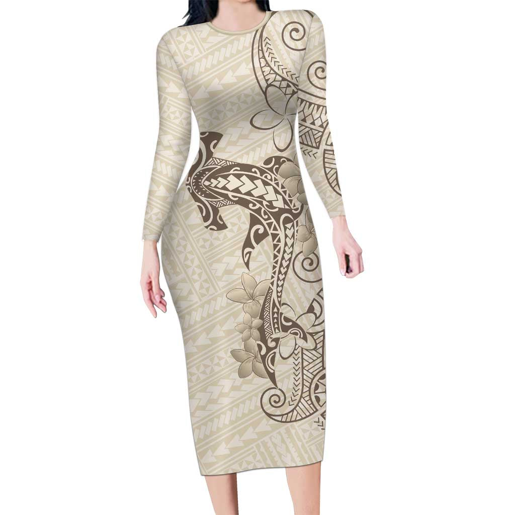 Beige Hawaii Long Sleeve Bodycon Dress Hammerhead Shark Tattoo Curve Polynesian - Polynesian Pride