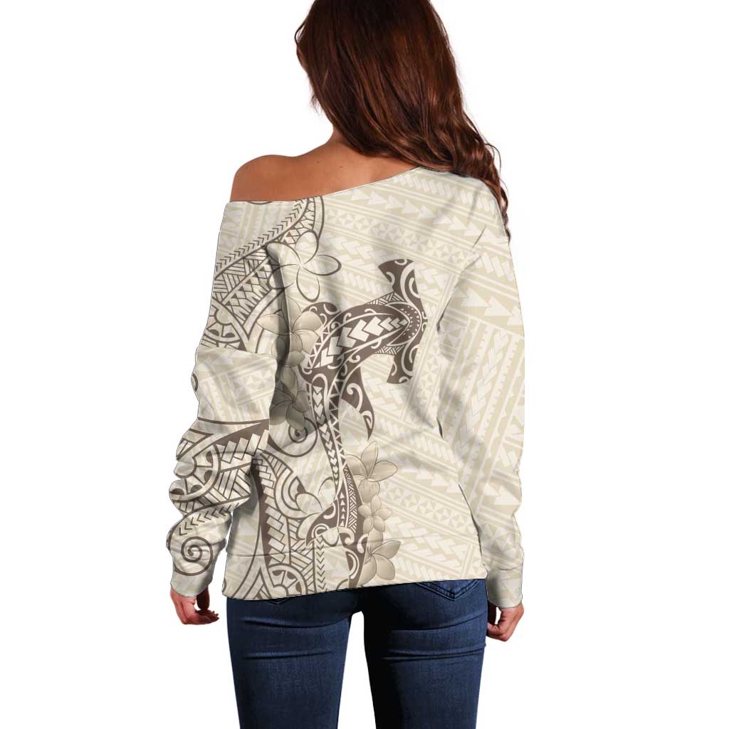 Beige Hawaii Off Shoulder Sweater Hammerhead Shark Tattoo Curve Polynesian - Polynesian Pride