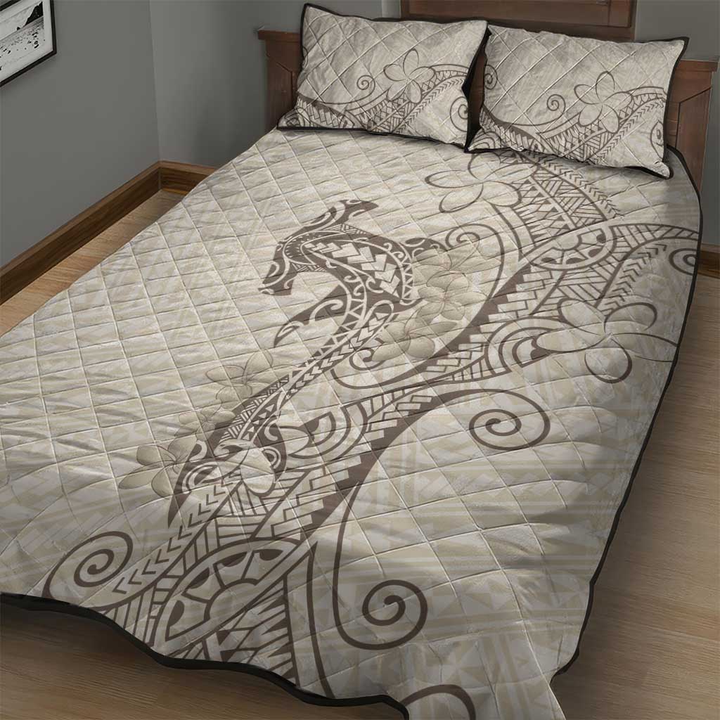 Beige Hawaii Quilt Bed Set Hammerhead Shark Tattoo Curve Polynesian - Polynesian Pride