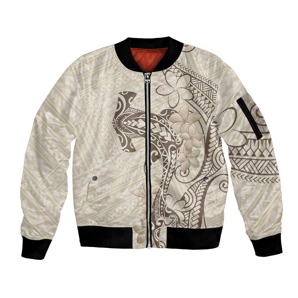 Beige Hawaii Sleeve Zip Bomber Jacket Hammerhead Shark Tattoo Curve Polynesian - Polynesian Pride