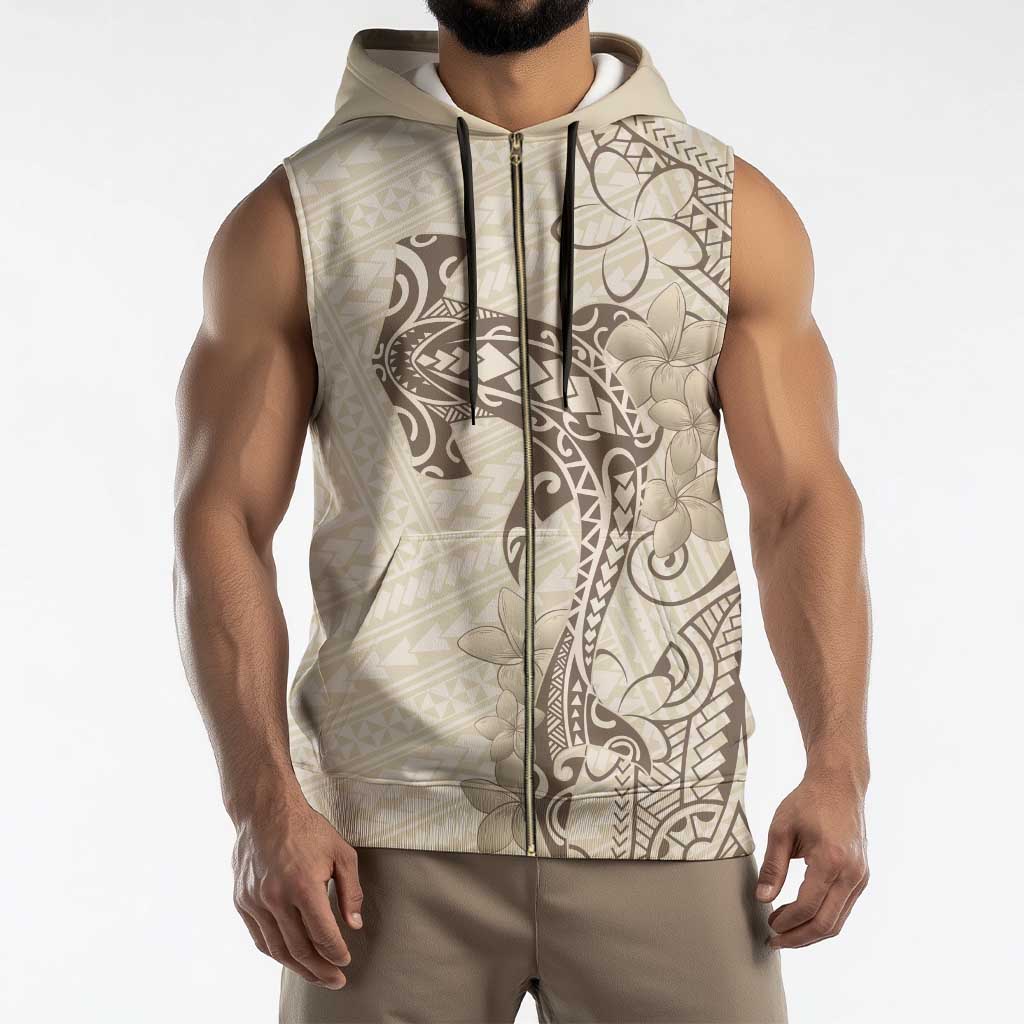 Beige Hawaii Sleeveless Zip Hoodie Hammerhead Shark Tattoo Curve Polynesian - Polynesian Pride