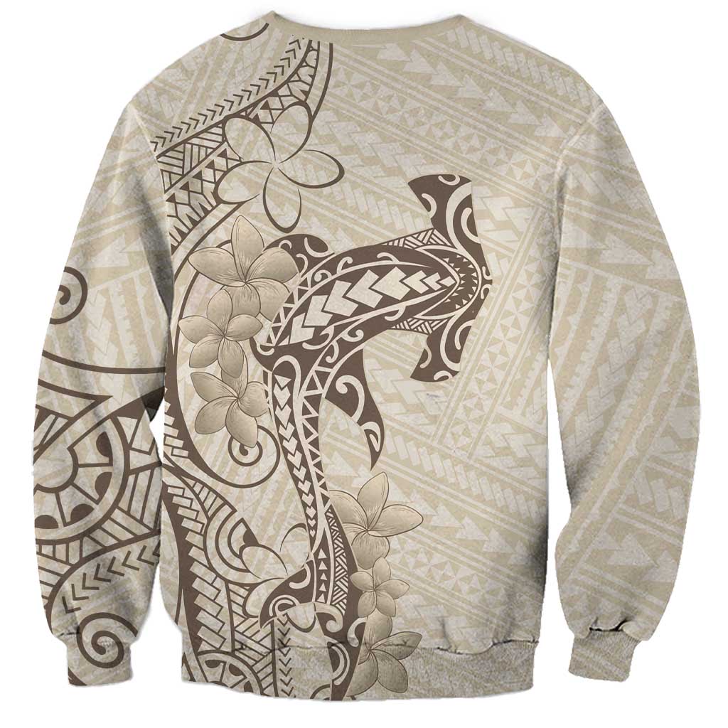 Beige Hawaii Sweatshirt Hammerhead Shark Tattoo Curve Polynesian LT14 - Polynesian Pride