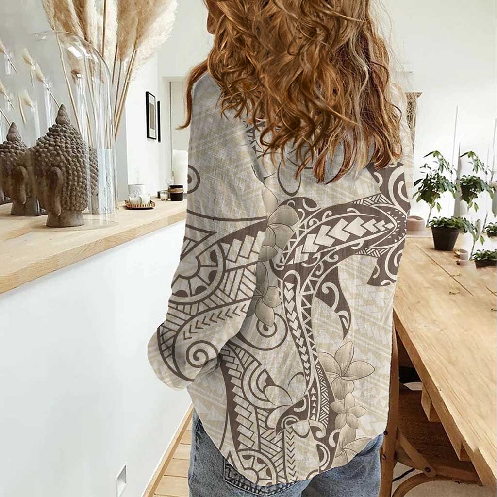 Beige Hawaii Women Casual Shirt Hammerhead Shark Tattoo Curve Polynesian - Polynesian Pride