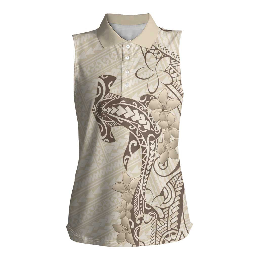 Beige Hawaii Women Sleeveless Polo Shirt Hammerhead Shark Tattoo Curve Polynesian - Polynesian Pride