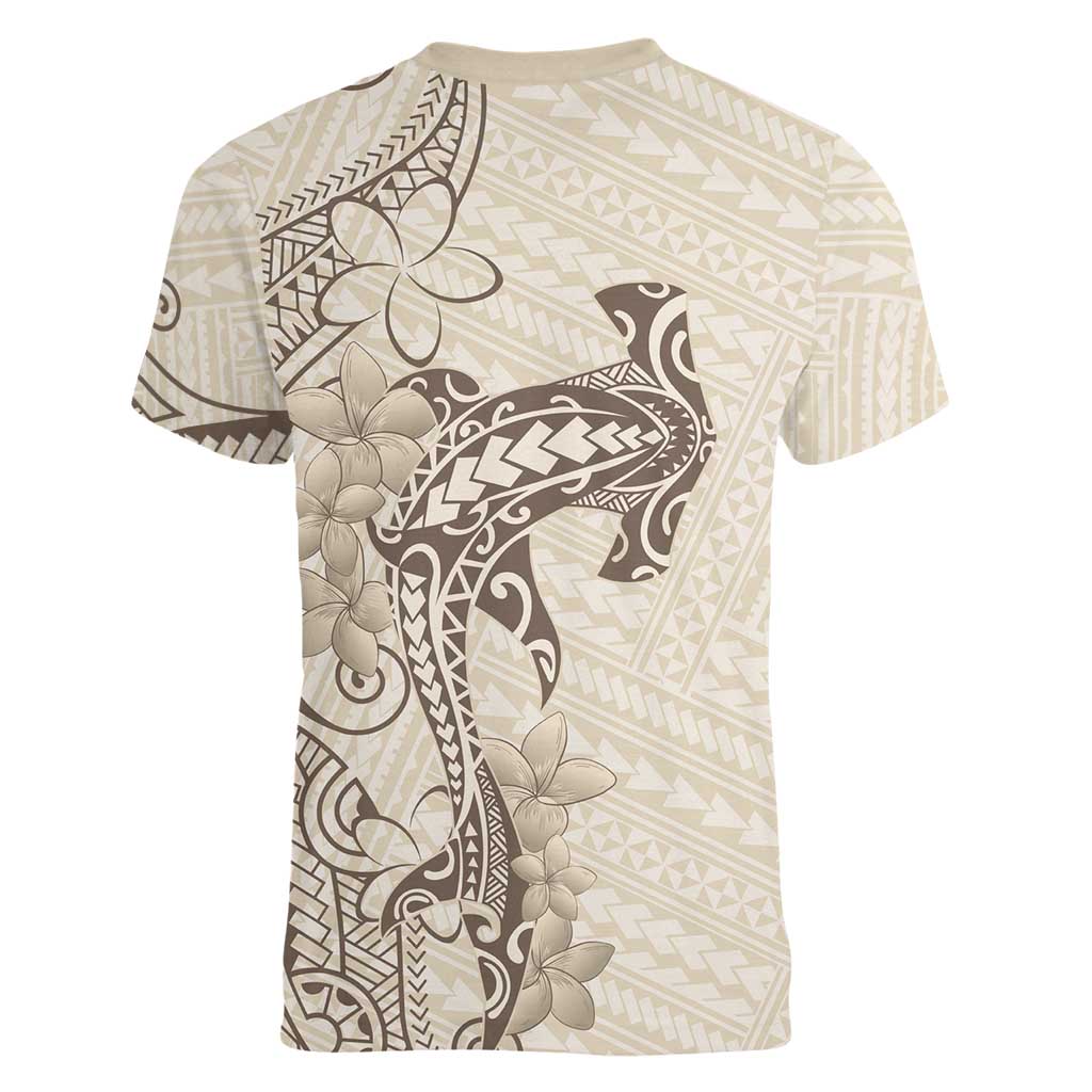 Beige Hawaii Women V-Neck T-Shirt Hammerhead Shark Tattoo Curve Polynesian - Polynesian Pride