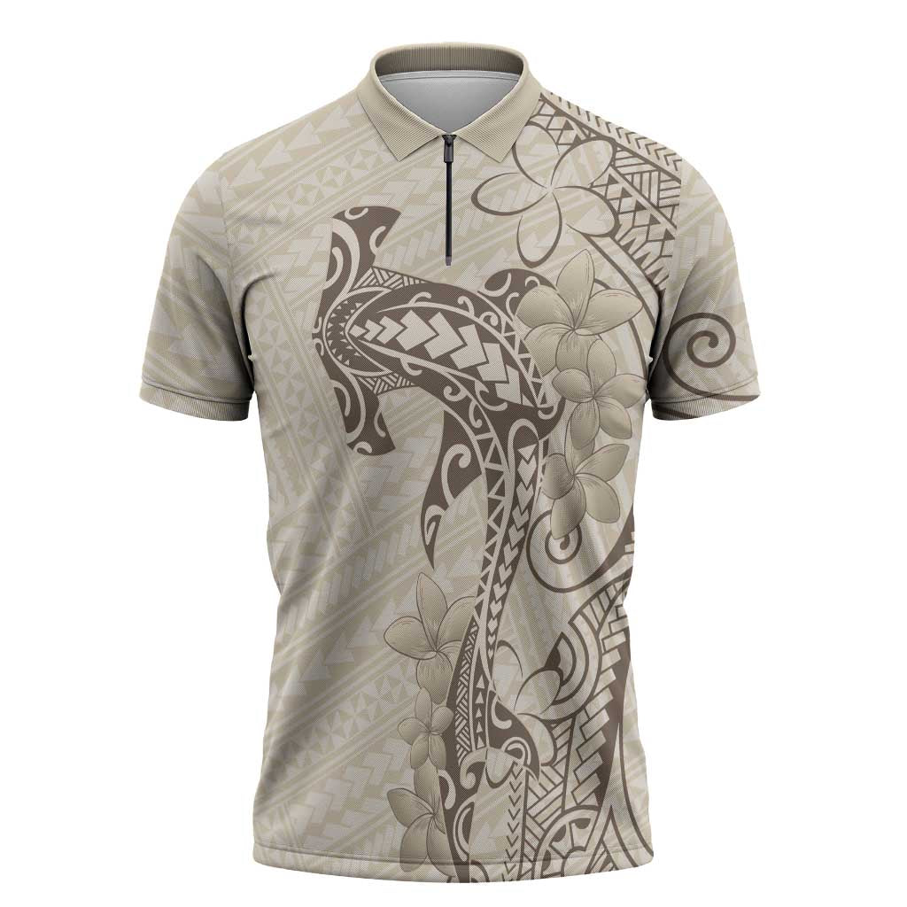 Beige Hawaii Zipper Polo Shirt Hammerhead Shark Tattoo Curve Polynesian - Polynesian Pride
