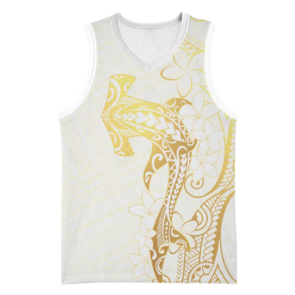 Gold and White Hawaii Basketball Jersey Hammerhead Shark Tattoo Curve Polynesian - Polynesian Pride