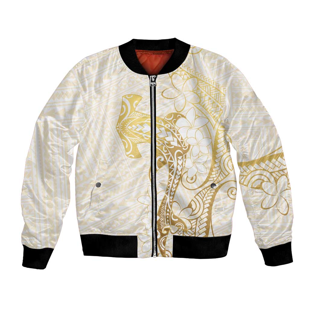 Gold and White Hawaii Bomber Jacket Hammerhead Shark Tattoo Curve Polynesian - Polynesian Pride