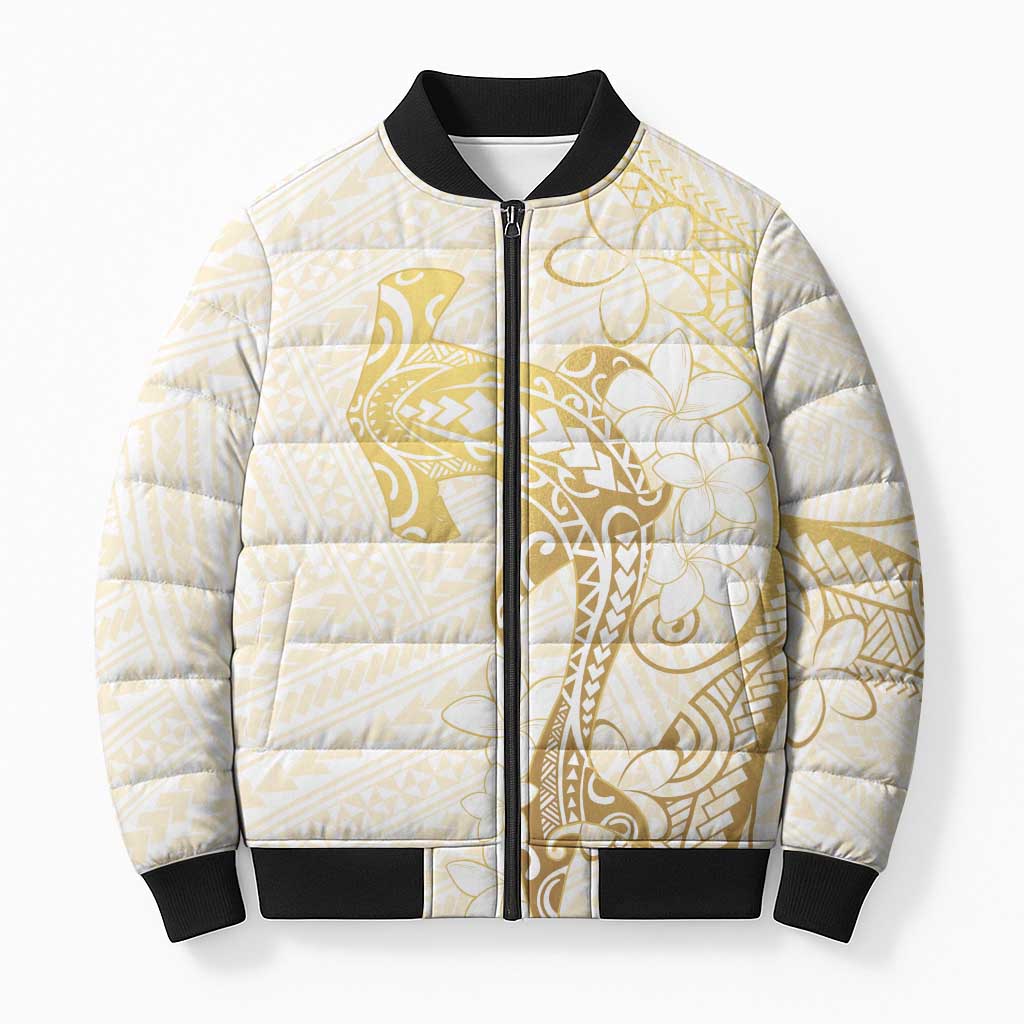 Gold and White Hawaii Bomber Puffer Jacket Hammerhead Shark Tattoo Curve Polynesian - Polynesian Pride