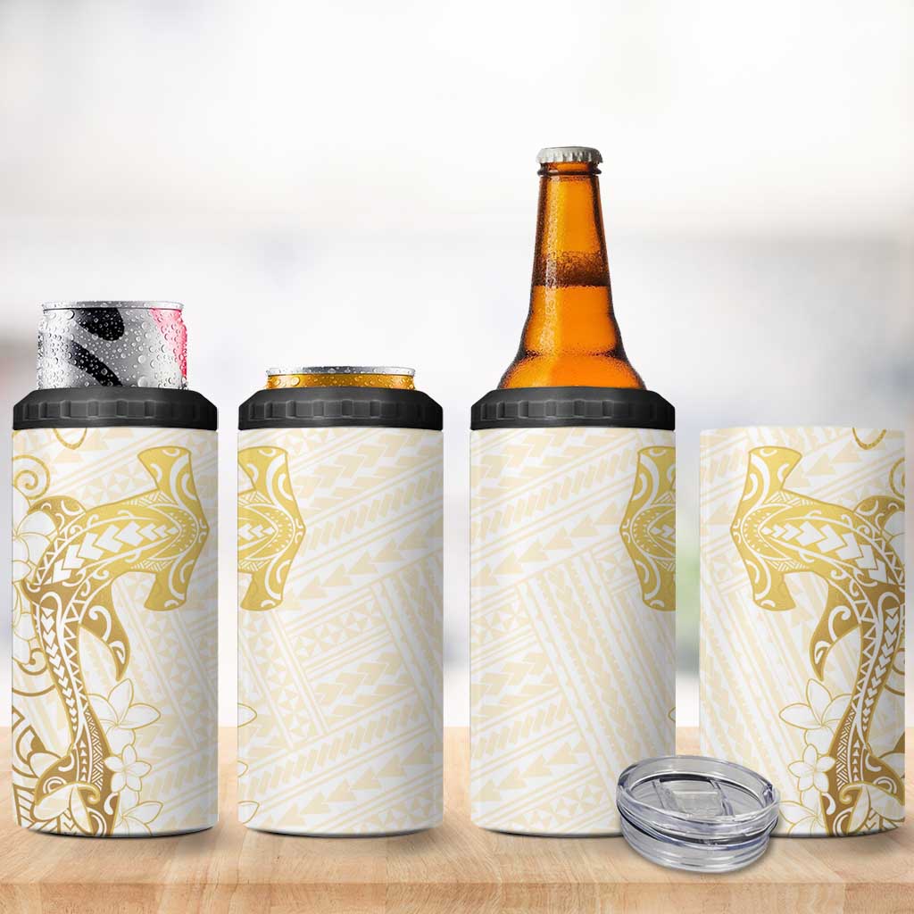 Gold and White Hawaii 4 in 1 Can Cooler Tumbler Hammerhead Shark Tattoo Curve Polynesian - Polynesian Pride