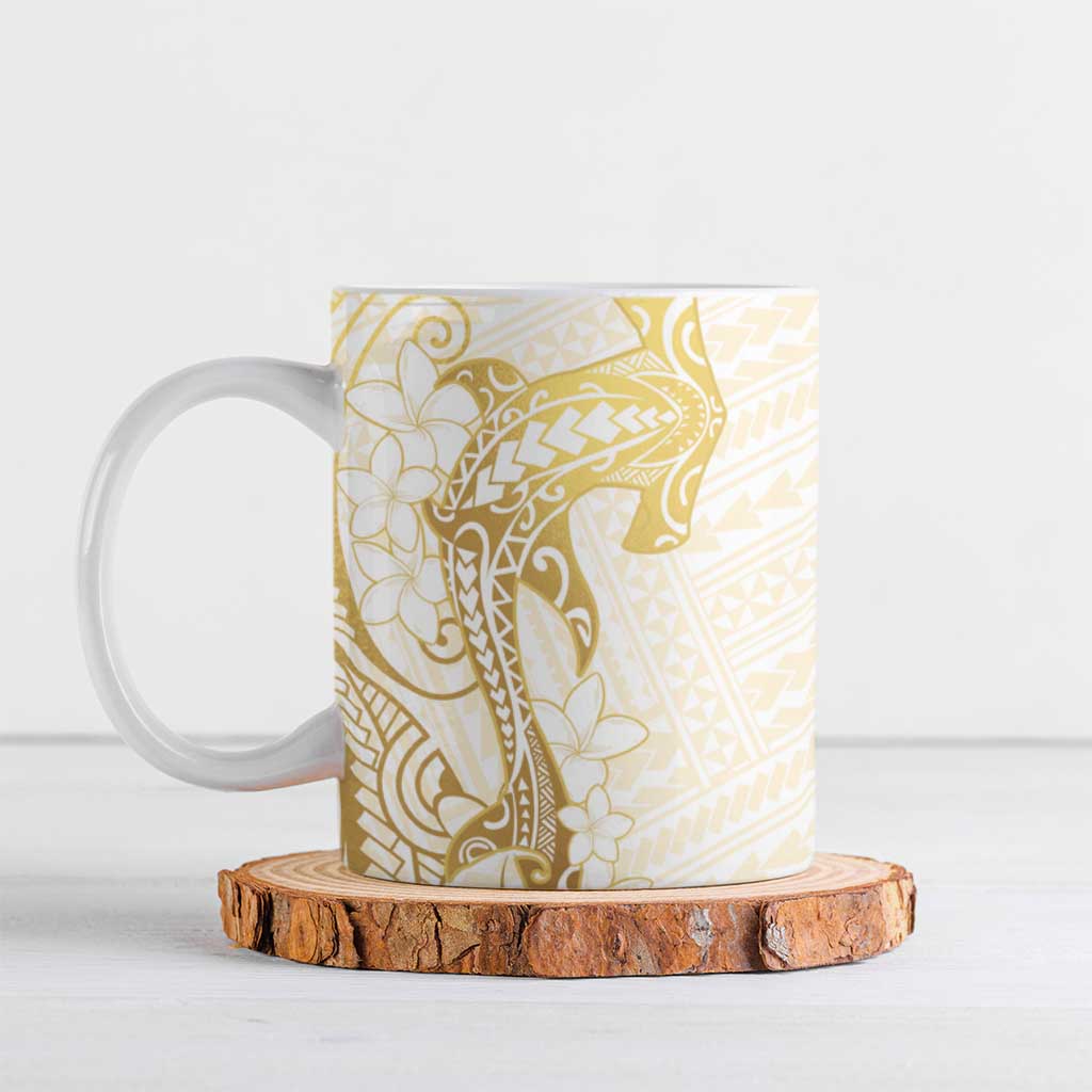 Gold and White Hawaii Ceramic Mug Hammerhead Shark Tattoo Curve Polynesian - Polynesian Pride