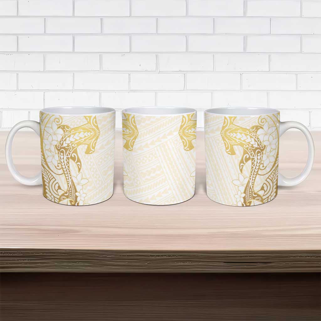 Gold and White Hawaii Ceramic Mug Hammerhead Shark Tattoo Curve Polynesian - Polynesian Pride