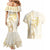 Gold and White Hawaii Couples Matching Mermaid Dress and Hawaiian Shirt Hammerhead Shark Tattoo Curve Polynesian - Polynesian Pride