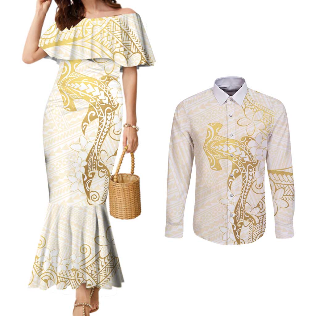 Gold and White Hawaii Couples Matching Mermaid Dress and Long Sleeve Button Shirt Hammerhead Shark Tattoo Curve Polynesian - Polynesian Pride