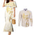 Gold and White Hawaii Couples Matching Mermaid Dress and Long Sleeve Button Shirt Hammerhead Shark Tattoo Curve Polynesian - Polynesian Pride