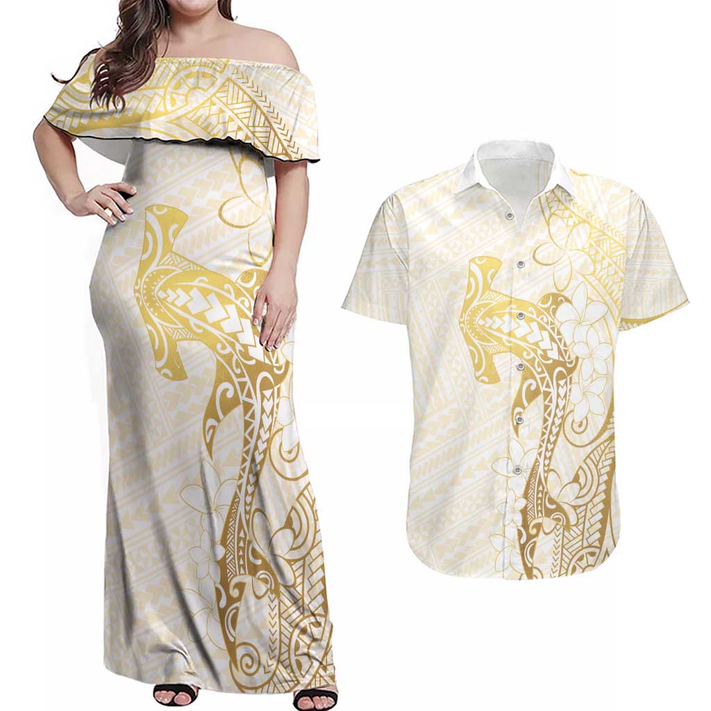Gold and White Hawaii Couples Matching Off Shoulder Maxi Dress and Hawaiian Shirt Hammerhead Shark Tattoo Curve Polynesian - Polynesian Pride