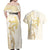 Gold and White Hawaii Couples Matching Off Shoulder Maxi Dress and Hawaiian Shirt Hammerhead Shark Tattoo Curve Polynesian - Polynesian Pride