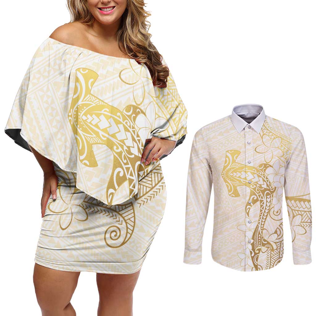 Gold and White Hawaii Couples Matching Off Shoulder Short Dress and Long Sleeve Button Shirt Hammerhead Shark Tattoo Curve Polynesian - Polynesian Pride