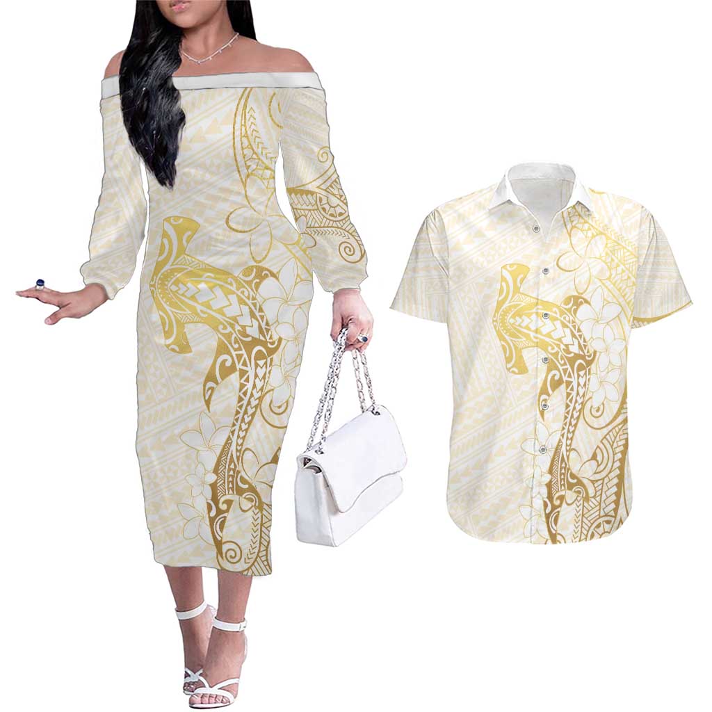 Gold and White Hawaii Couples Matching Off The Shoulder Long Sleeve Dress and Hawaiian Shirt Hammerhead Shark Tattoo Curve Polynesian - Polynesian Pride