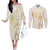 Gold and White Hawaii Couples Matching Off The Shoulder Long Sleeve Dress and Long Sleeve Button Shirt Hammerhead Shark Tattoo Curve Polynesian - Polynesian Pride